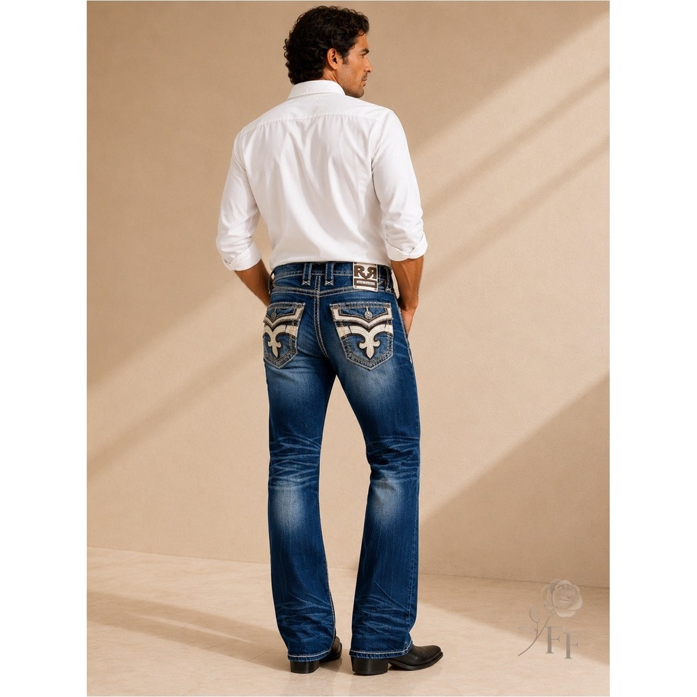 Rock Revival Delicioso Boot Cut Jeans 27x30 Fleur De Lis Embroider Stretch Denim - Picture 3 of 15